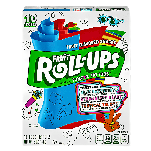 Fruit Roll ups Variety Pack Blue Raspberry, Strawberry Blast, Tropical Tye Dye Flavour USA (10 Rolls)(10x141g)