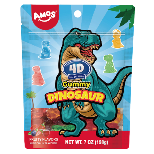 4d Amos Gummy Dinosaurs Peg Bag 7oz USA (12x198g)